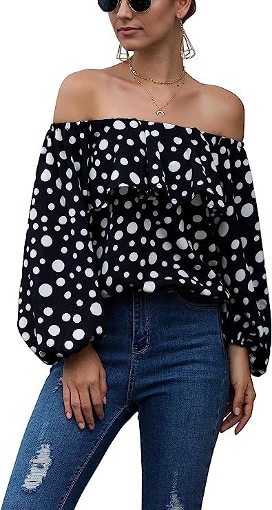 Hibluco Women's Off Shoulder Top Cute Puff Sleeve Polka Dot Ruffle Blouse | Amazon (US)