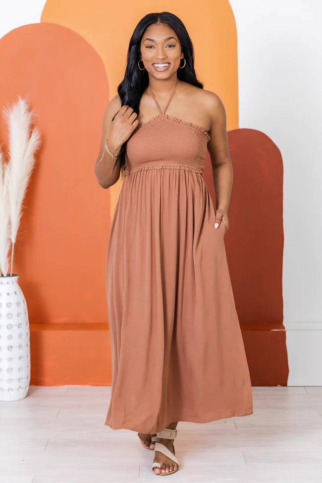 Not A Care In The World Mocha Halter Maxi Dress | Pink Lily