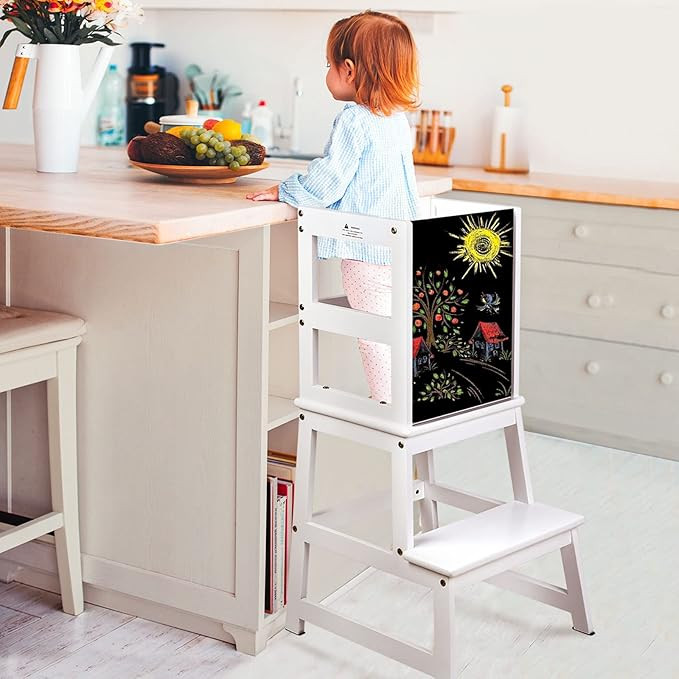 Kids Kitchen Step Stool with Chalkboard & Safety Rail for Toddlers 18 Months and Older, Safety An... | Amazon (US)