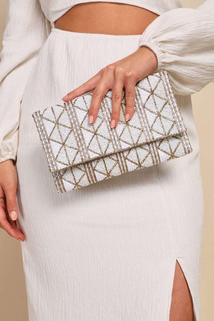 Glowing Perception Ivory and Gold Geometric Beaded Sequin Clutch | Lulus