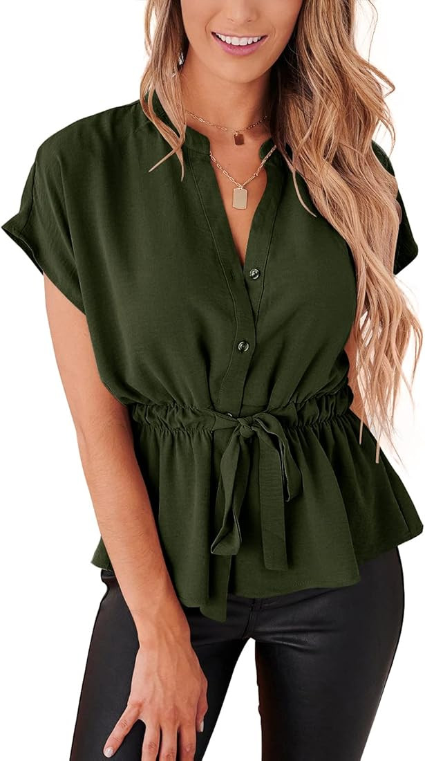 Womens Button Down Blouses Casual Peplum Summer Tops Dressy Chiffon Work Blouse | Amazon (US)