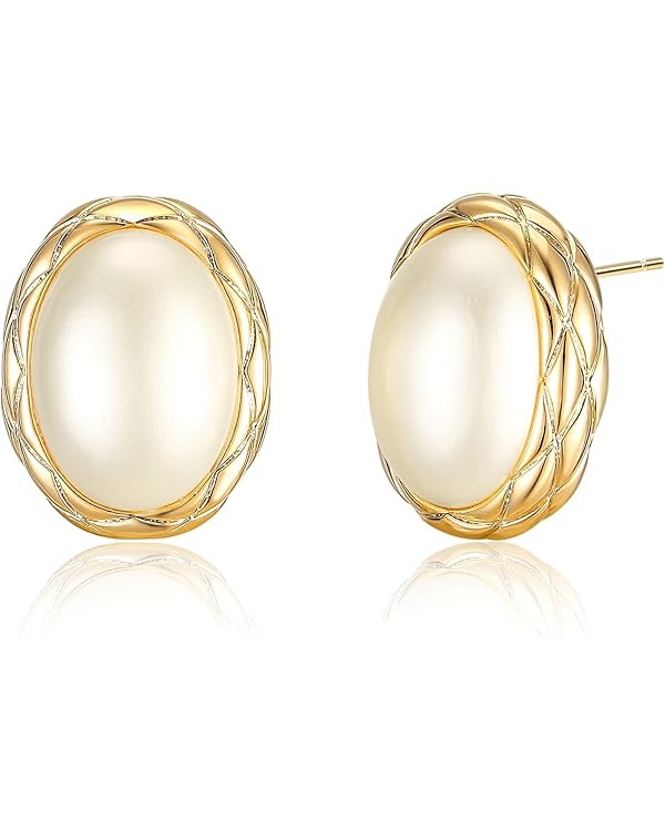 Mytys Pearl Stud Earrings for Women-Oval Shape 14K Gold Plated Stud Earring-Fashion Gold Hypoalle... | Amazon (US)