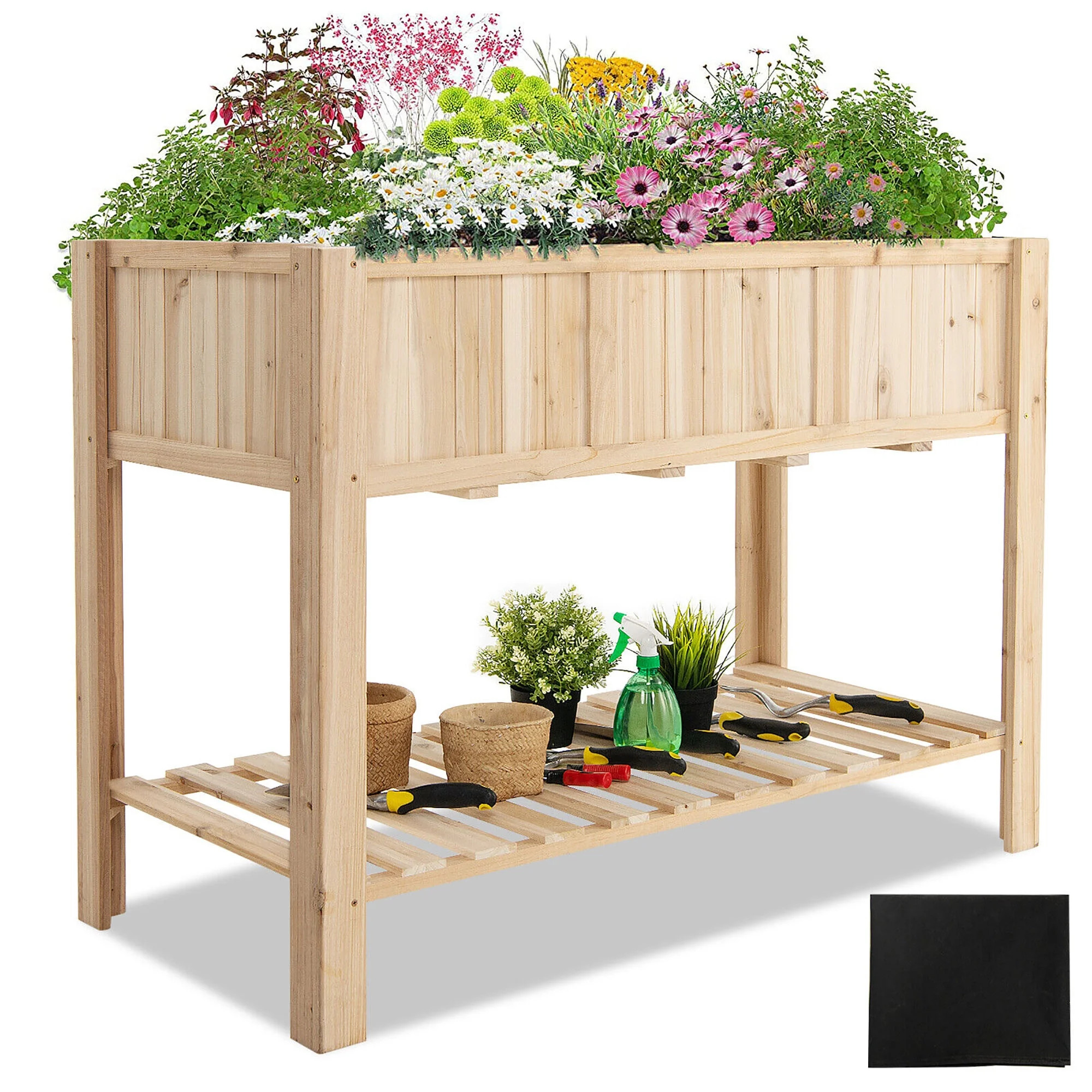 Gymax 47'' Wooden Raised Garden Bed w/Bottom Shelf & Bed Liner Outdoor Elevated Planter Box | Walmart (US)