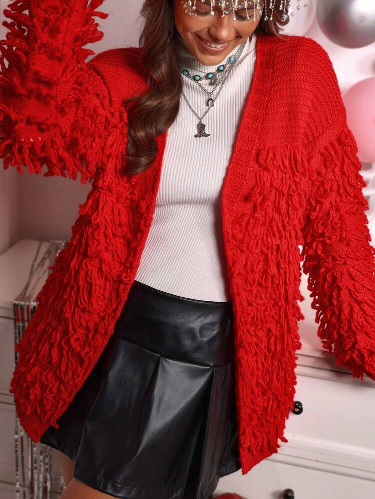SHEIN LilyWest Women's Oversized Cardigan Jacket, Exaggerated 3D Fluffy Tassel Decor, Loose Relaxed Western Party Casual Knit Sweater, LanaWest, Christmas | SHEIN