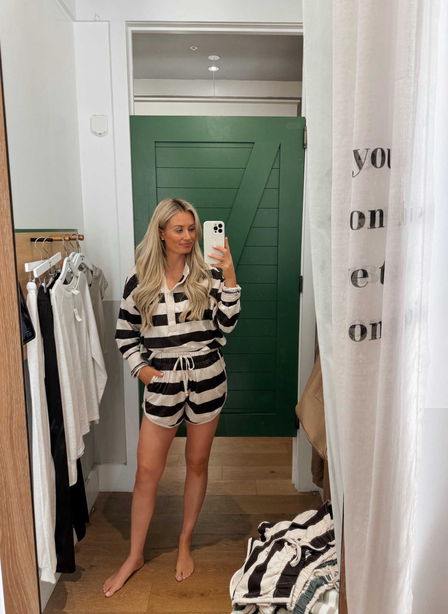 Striped top & shorts!
Top: XS (would size up)
Shorts: small (would size up)
I'd size up because I like oversized! But fit is a little oversized as is