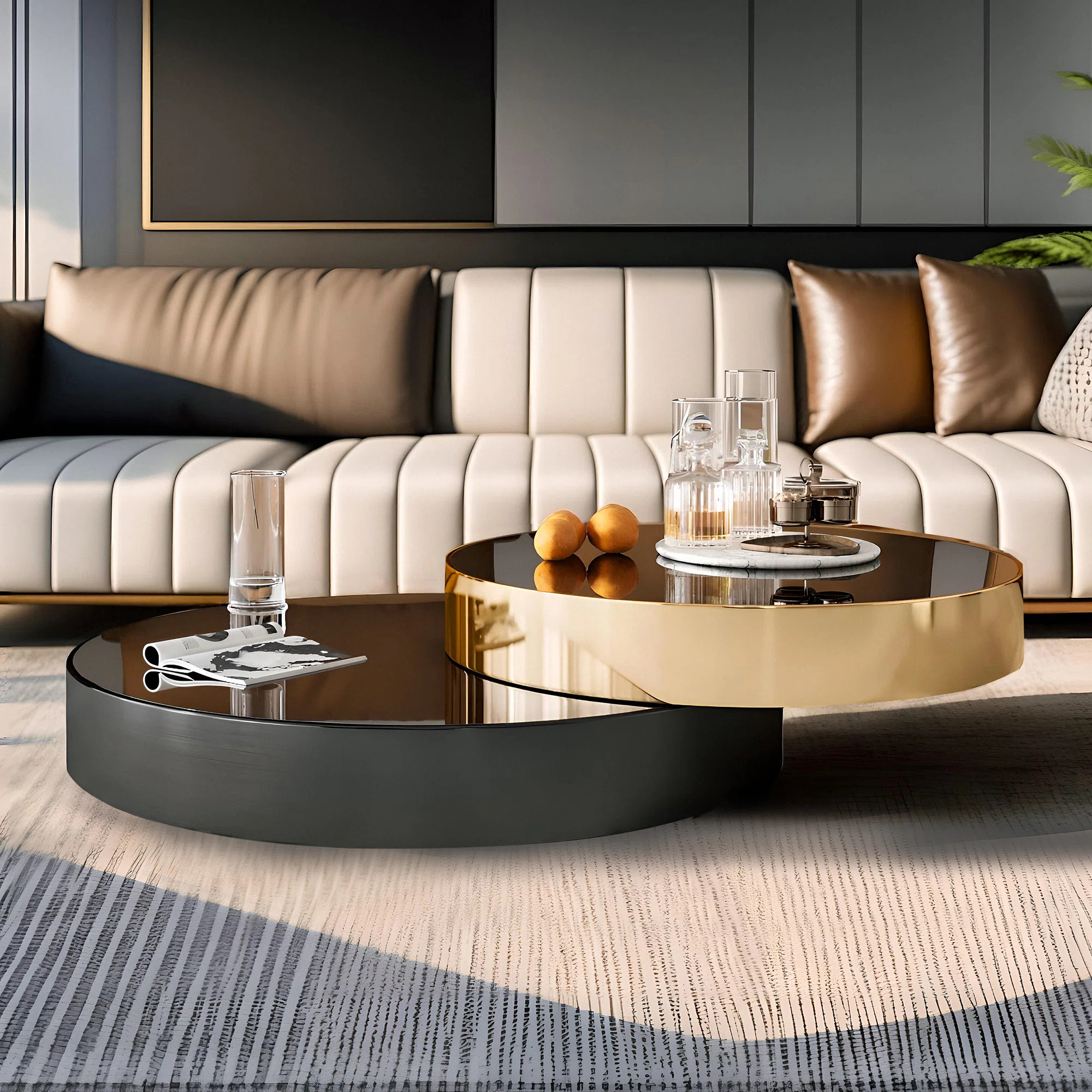 Modern Oversize 39.37' Round Coffee Table Set, Extendable Nesting Table Gold & Black Finish with ... | Wayfair North America