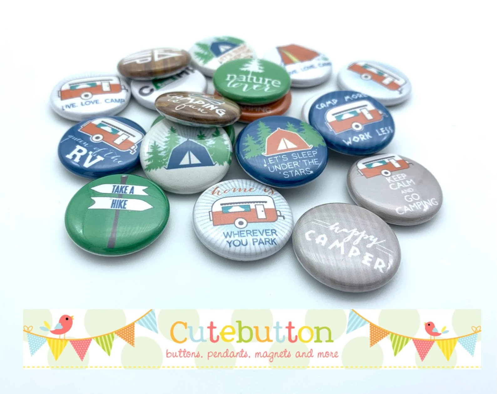 Happy Camper Camping Gift Button Set of TWENTY (20) 1" 1.25" 1.5" or 1.75" Pin Flat Hollow or Fri... | Etsy (US)