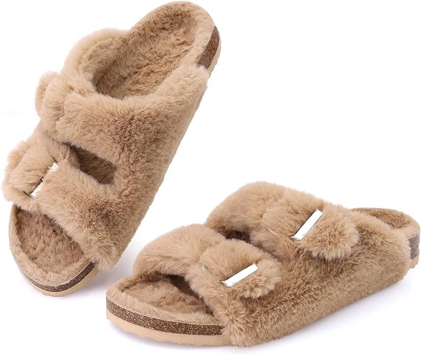 KIDMI Fuzzy Slippers Women with Cork Footbed Fluffy Slides Open Toe Indoor House Shoes | Arch Sup... | Amazon (US)