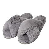 Women's Cross Band Soft Plush Fleece Slippers Fuzzy Fluffy on Open Toe Anti-Slip Rubber Sole House/O | Amazon (US)