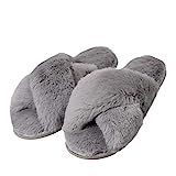 Women's Cross Band Soft Plush Fleece Slippers Fuzzy Fluffy on Open Toe Anti-Slip Rubber Sole House/O | Amazon (US)