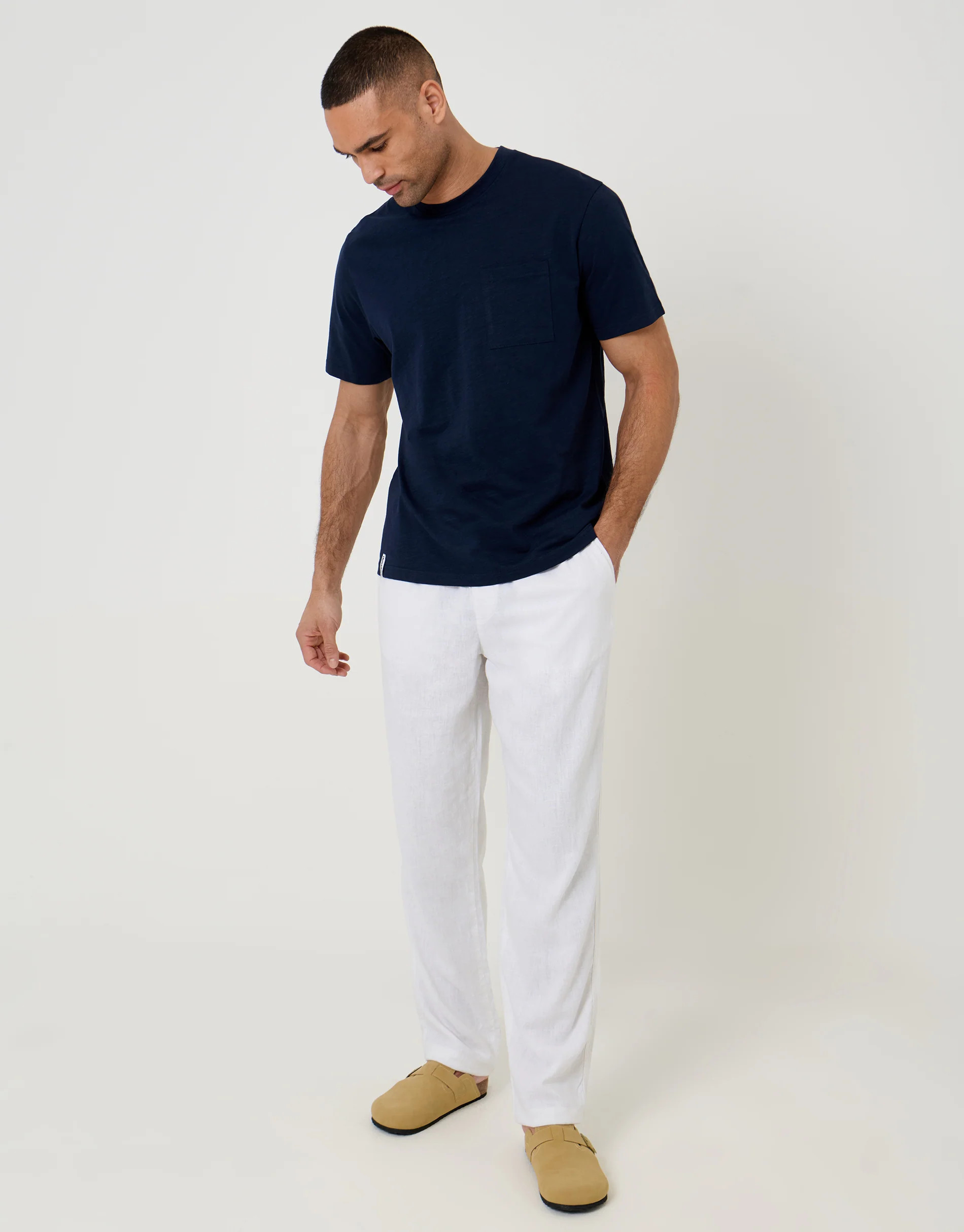 Linen Blend Drawcord Trousers in White | Threadbare UK
