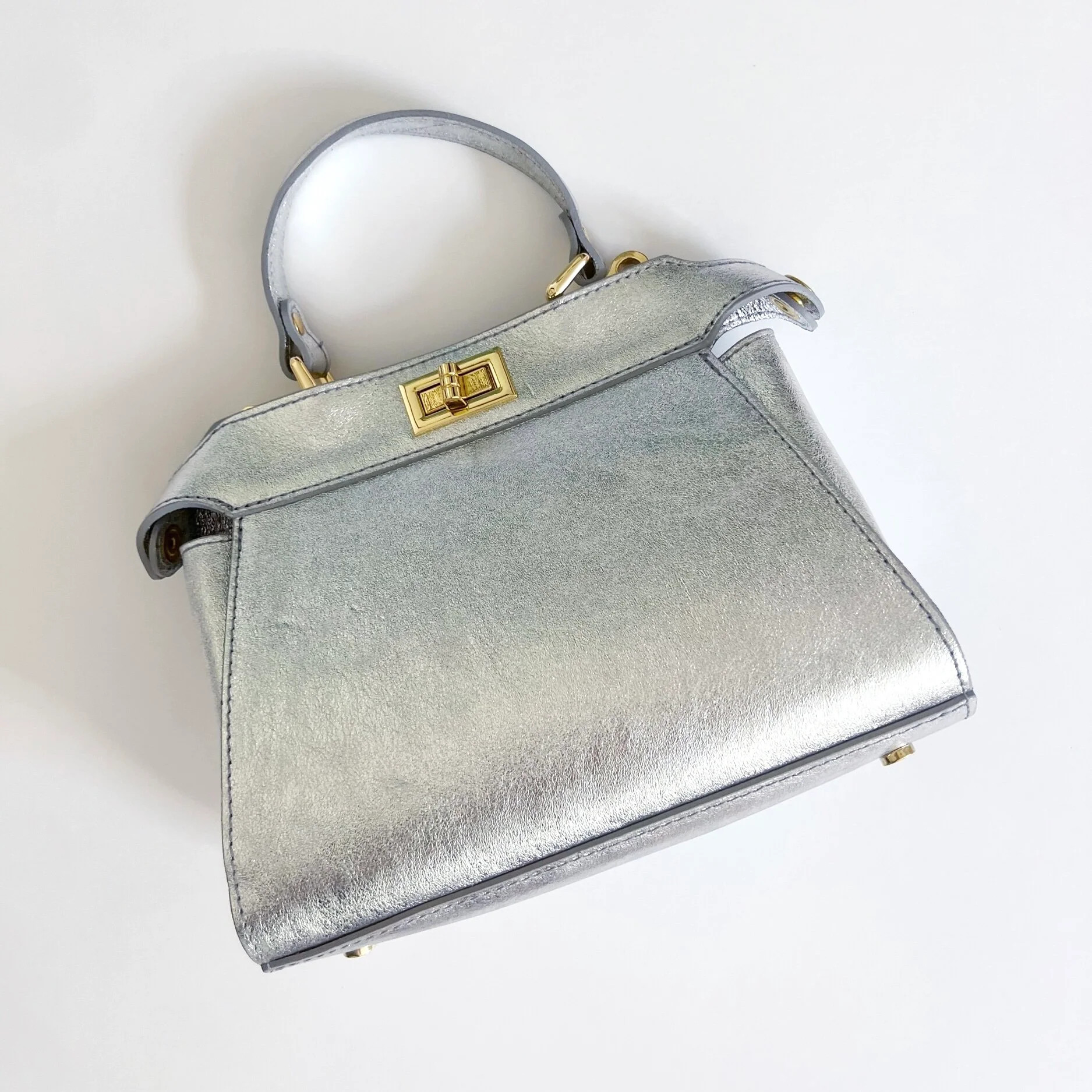 PRE-SALE Mini Twist Lock Silver Metallic Leather Bag | Colores Collective