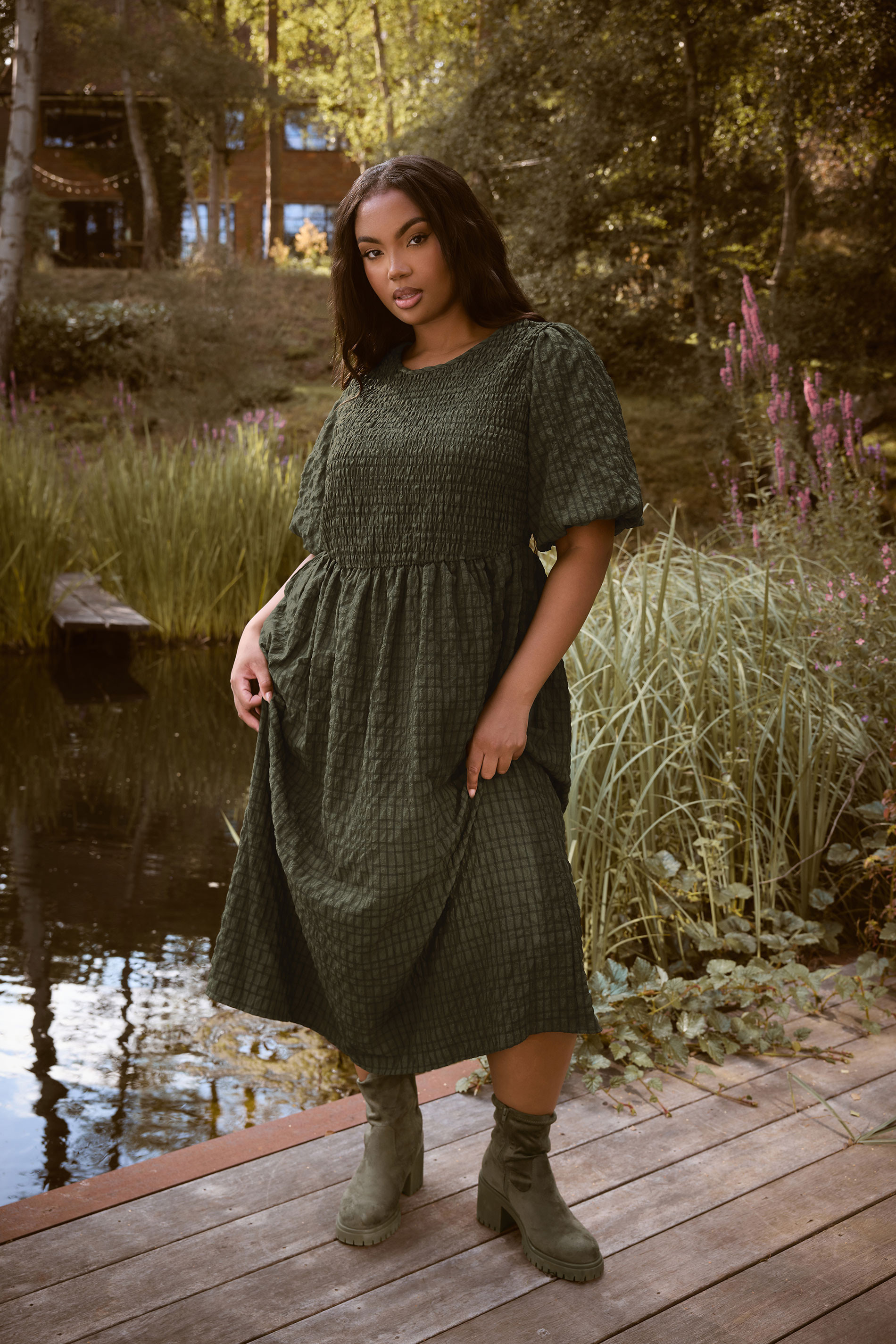 YOURS Plus Size Khaki Green Textured Check Dress | Yours Clothing UK