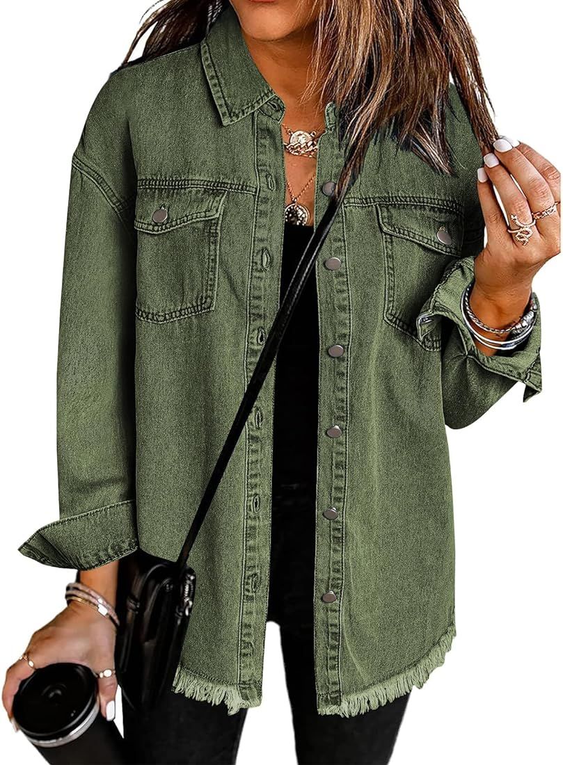 Zeagoo Jean Jackets for Women Ripped Fringe Denim Jean Jacket Casual Long Sleeve Pockets Jackets ... | Amazon (US)