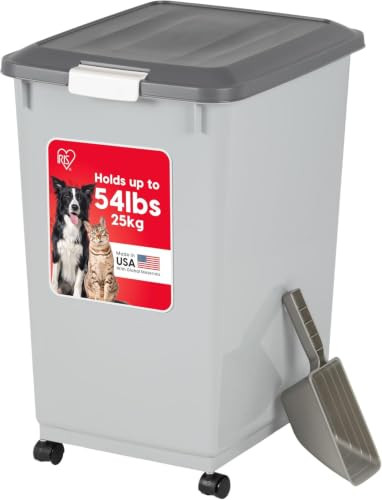IRIS USA Dog Food Storage Container with Wheels, Airtight Lid, 2-Cup Scoop, Up to 54 Pounds Pet Food Storage, Built in Scoop Storage in Lid, Versatile Pet Food Bin, Portable, BPA Free, Gray/Dark Gray | Amazon (US)