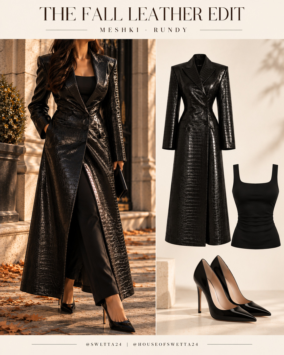 THE FALL LEATHER EDIT 🖤
A timeless fall look built around the statement MESHKI RUNDY coat — glossy croc texture, sharp tailoring, and classic black layers finished with pointed pumps. Effortlessly polished, dramatic, and made for the season. 🖤🍂 

 #LTKvlog #LTKSeasonal #LTKTravel
