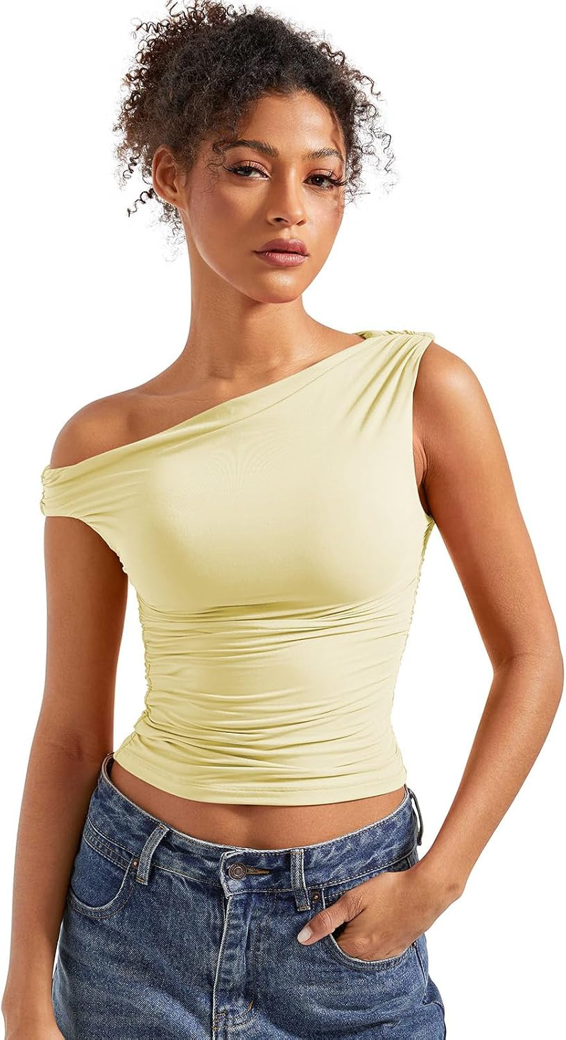 SUUKSESS Women Off Shoulder Tops Fitted Sleeveless Shirt Going Out Crop Top | Amazon (US)