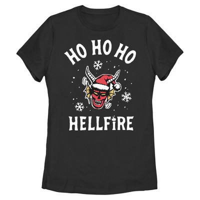 Womens Stranger Things Ho Ho Ho Hellfire Club T Shirt - Black - Small | Target