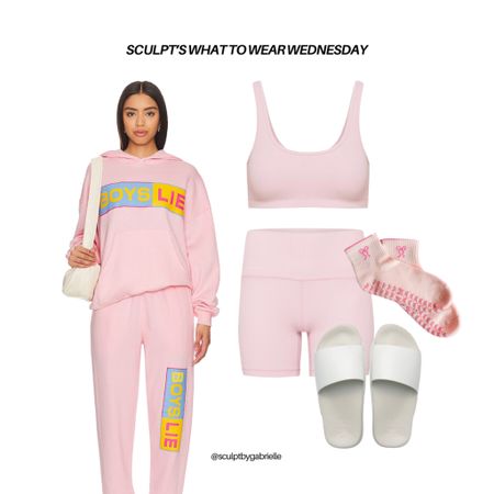 Pink workout outfit, sweat set, matching set, matching workout set, Pilates outfit, workout shorts, pink outfit, slides, Pilates socks 

#LTKStyleTip #LTKActive #LTKFitness