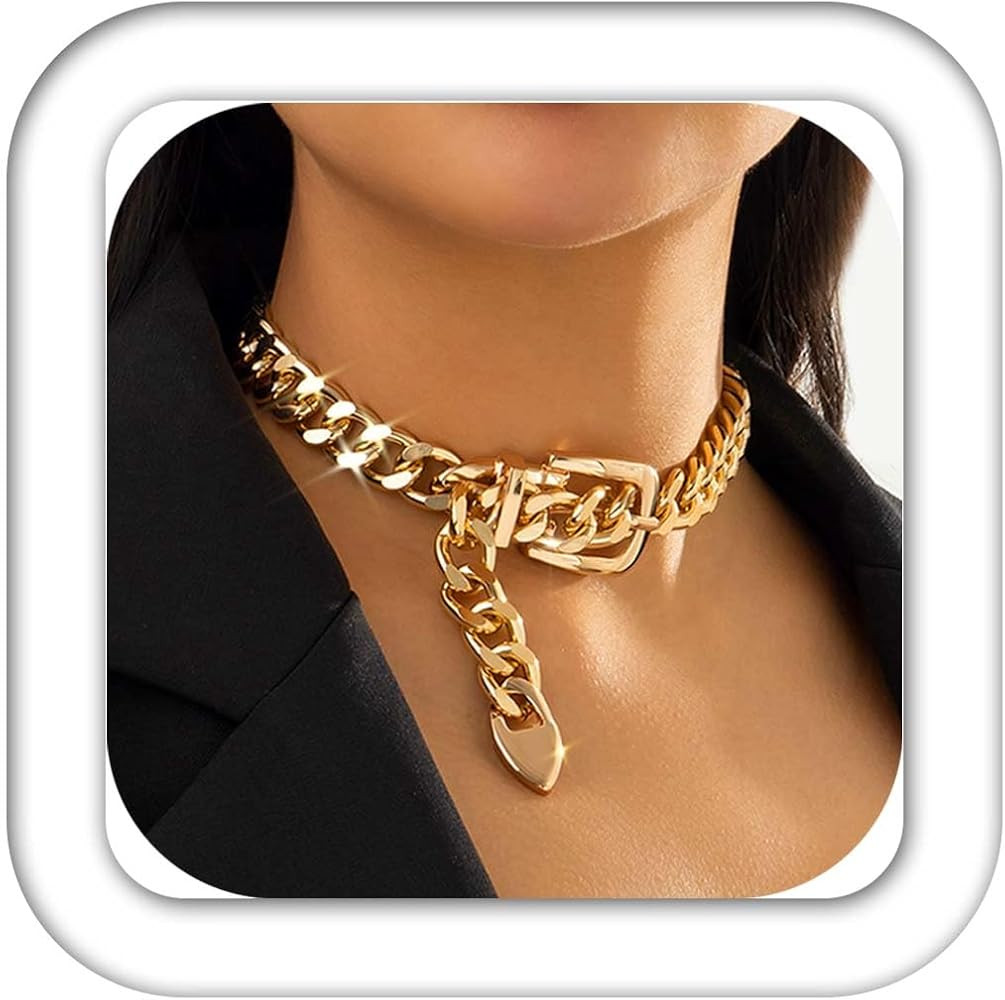CLOACE Gold Belt Buckle Choker Necklace Punk Cuban Chunky Choker Necklaces Vintage Thick Chain Sh... | Amazon (US)
