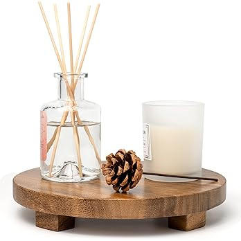 Round 9.4" Acacia Wood Decorative Tray – Farmhouse Wood Riser Pedestal Stand for Kitchen and Ba... | Amazon (US)