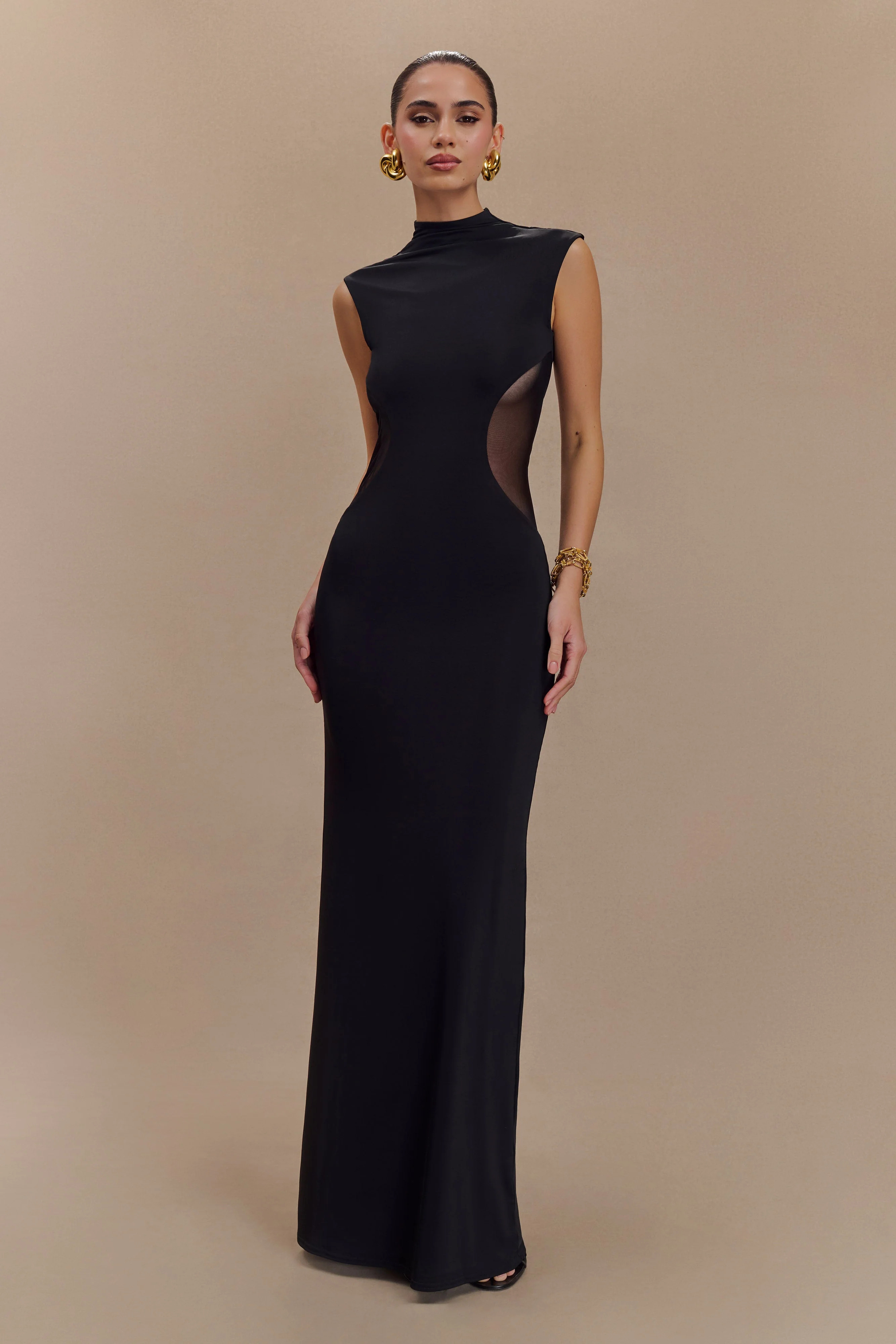 Massie Slinky And Mesh Maxi Dress - Black | MESHKI US