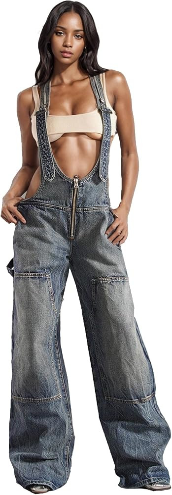 Tbahhir Women's Denim Overalls Jumpsuit Sleeveless Adjustable Strap Loose Baggy Wide Leg Cargo Je... | Amazon (US)