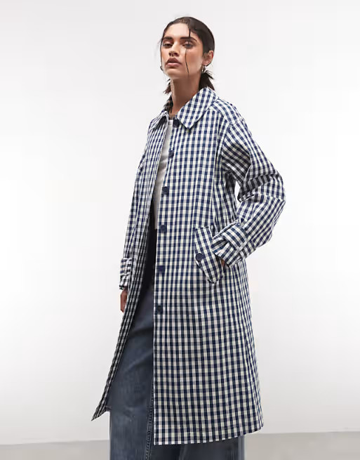 Reclaimed Vintage gingham check trench in navy | ASOS (Global)