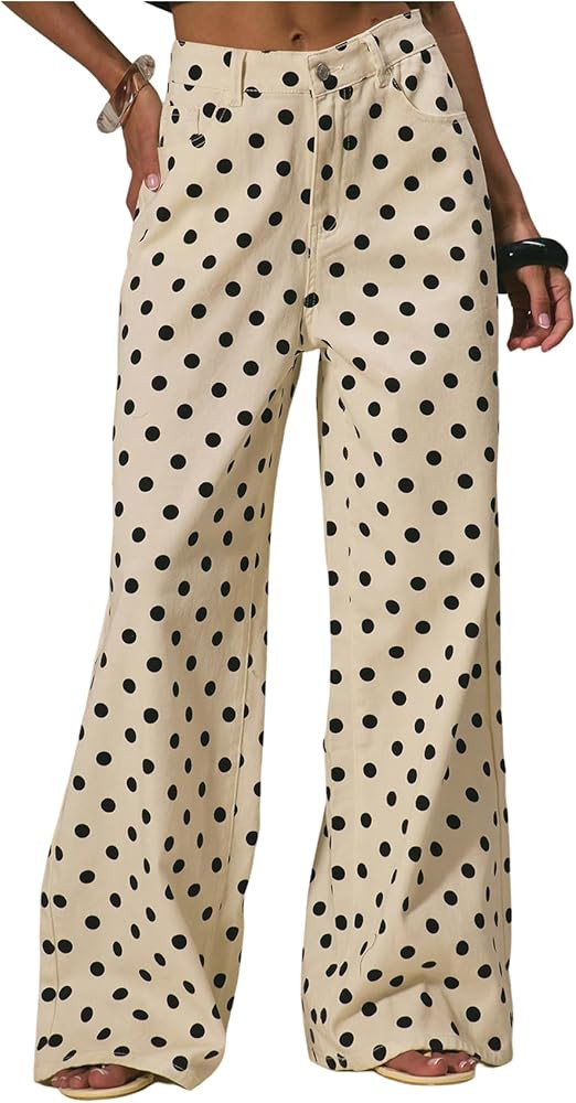 WDIRARA Women's Polka Dots Jeans Vintage Mid Rise Wide Leg Denim Pants with Pockets | Amazon (US)