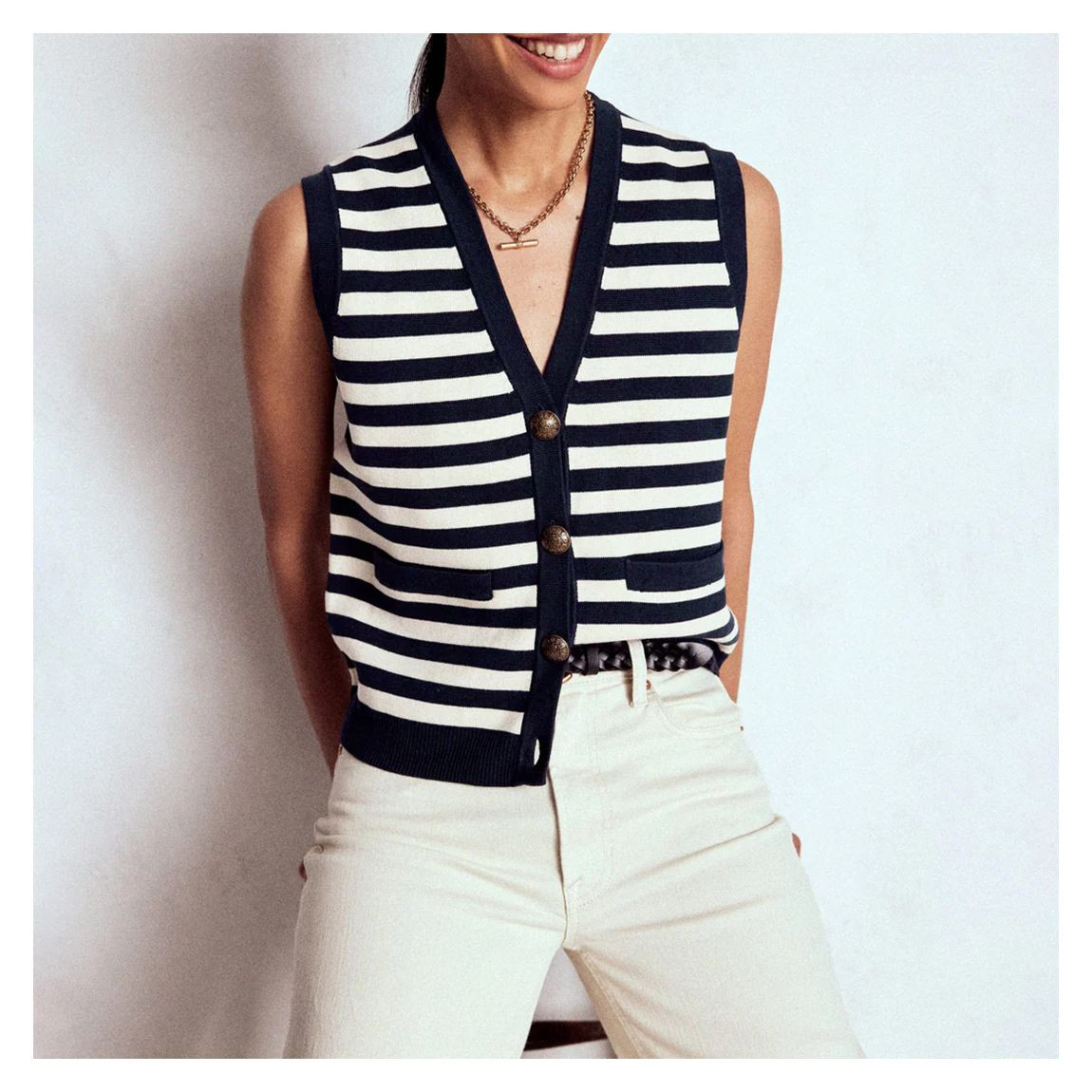 Boden Navy/Ivory Stripe Holly Knit Waistcoat - BrandAlley | BrandAlley
