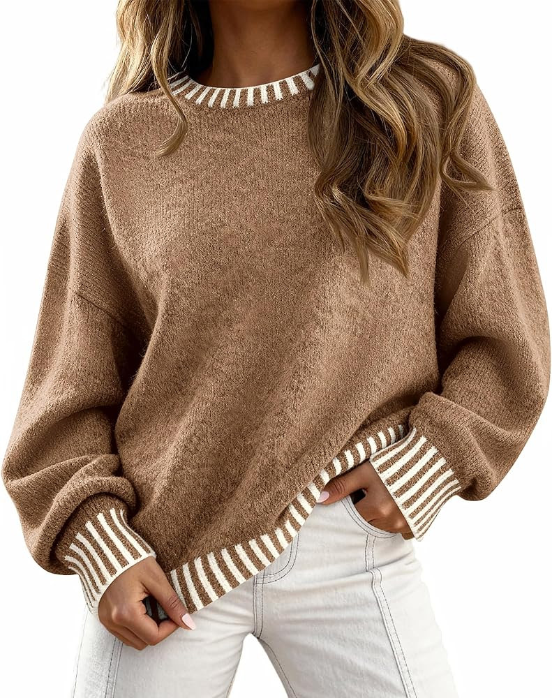 KIRUNDO Oversized Sweaters for Women 2026 Long Sleeve Crewneck Fall Tops Contrast Chunky Knit Pul... | Amazon (US)