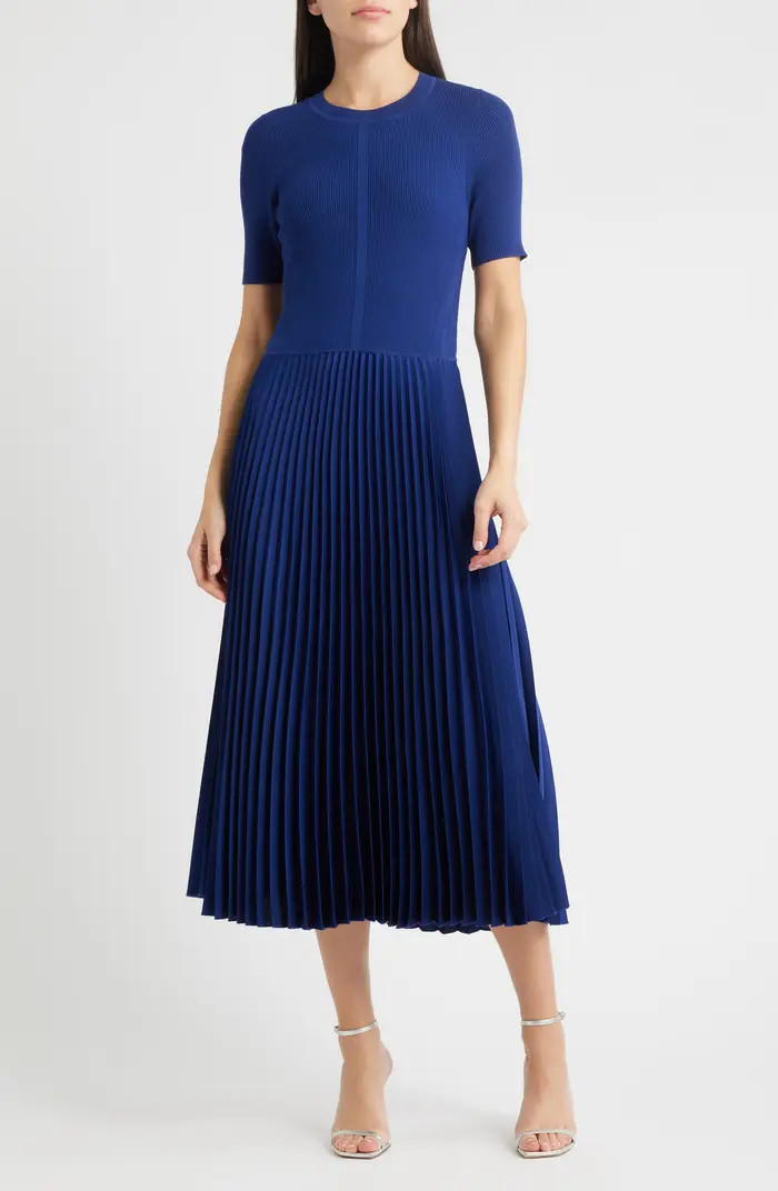 BOSS Fadridi Rib & Pleated Midi A-Line Dress | Nordstrom | Nordstrom