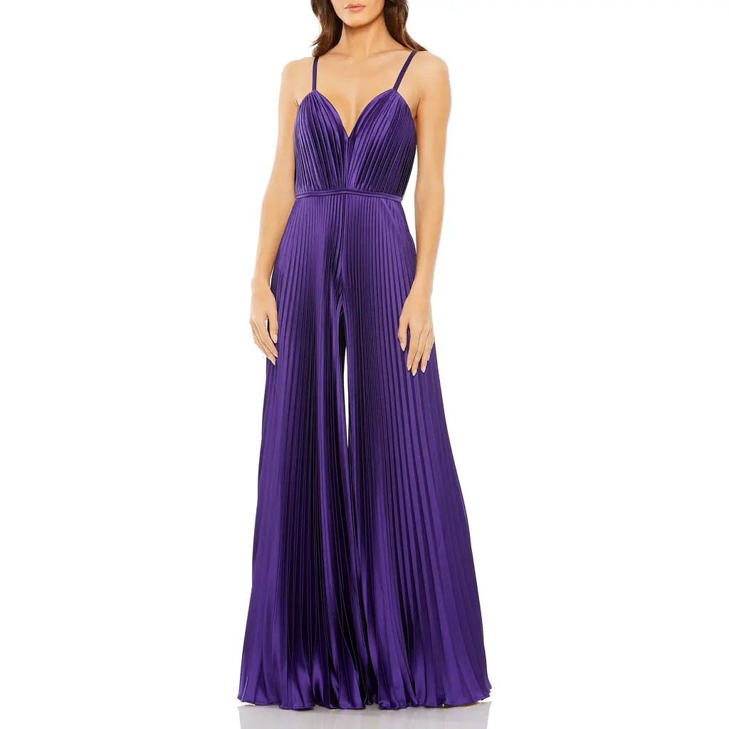 Mac Duggal Pleated Plunge Neck Wide Leg Jumpsuit in Purple at Nordstrom, Size 2 | Nordstrom