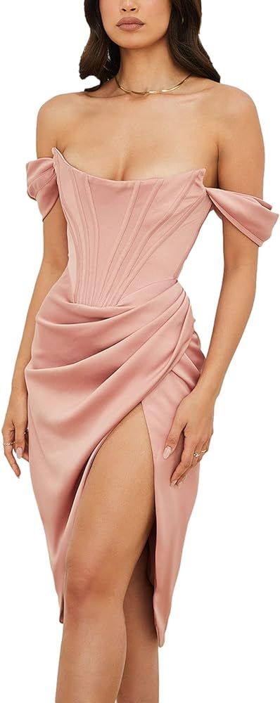 PXIAOPANG Women's Off Shoulder Banquet Dress Backless Side Slit Bodycon Midi Dress | Amazon (US)
