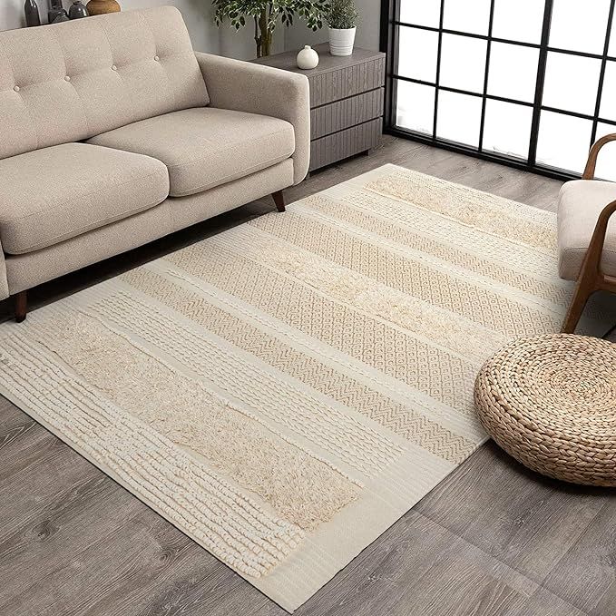 MOTINI Tufted Cotton Area Rug 5' x 7', Hand Woven Knotted Boho Accent Beige Ivory Cream Carpet wi... | Amazon (US)