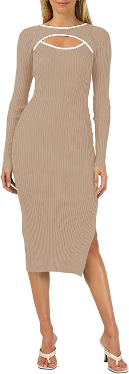 Pink Queen Women's Crew Neck Long Sleeve Bodycon Cutout Front Side Slit Ribbed Midi Sweater Dress | Amazon (US)