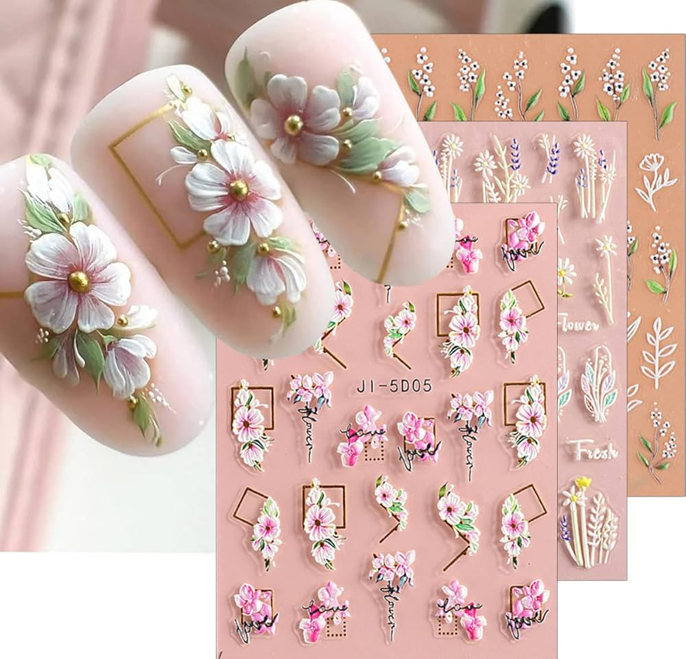 3D Embossed Flower Leaves Nail Art Stickers Decals 4 Sheets 5D Self-Adhesive Pegatinas Uñas Summ... | Amazon (US)