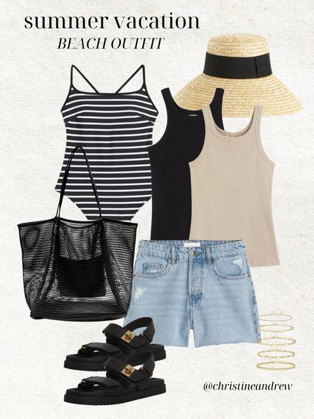 summer vacation beach outfit idea 🌊☀️ these ribbed tanks are such good basics & under $10!  This mesh beach bag has been one of my favorites for years - I love that I can easily pack it in the suitcase for our trips. 

Beach outfit; vacation outfit; striped swimsuit; ribbed tanks; denim shorts; sun hat; mesh beach tote; beach tote; ankle bracelet; H&M; amazon fashion; Christine Andrew 

#LTKstyletip #LTKswim #LTKtravel