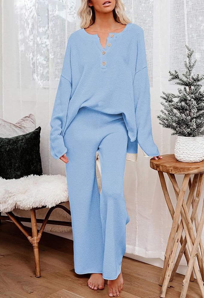 Pink Queen Women's 2 Piece Outfit Set Long Sleeve Button Knit Pullover Sweater Top and Wide Leg Pant | Amazon (US)