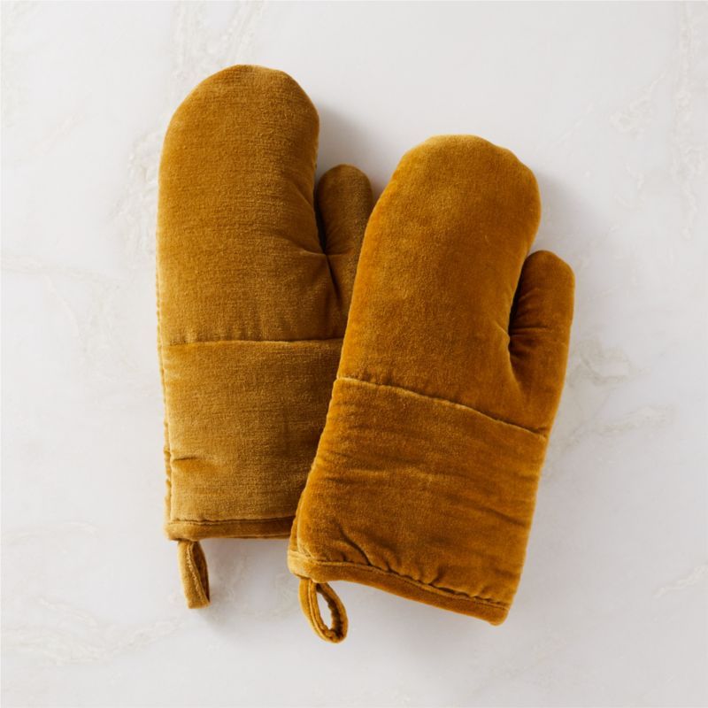 Mustard Yellow Velvet Oven Mitts Set of 2 + Reviews | CB2 | CB2