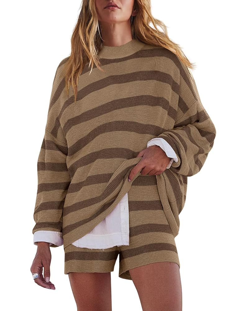 LAMISSCHE Womens Oversized Lounge Sets 2 Piece Outfits Striped Matching Pajama Set Long Sleeve Sw... | Amazon (US)