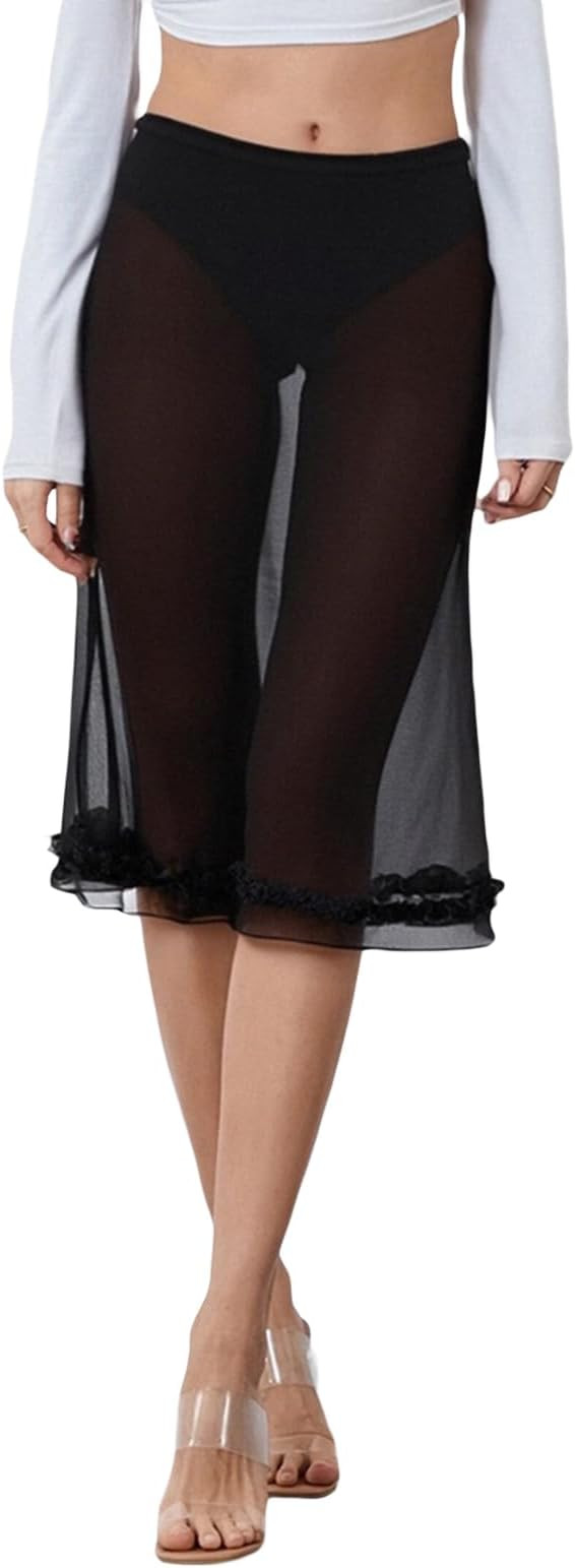 SSPalu Women's Sexy Sheer Skirts Polka Dot Printed Knee Length Low Rise Ruffled Hem Pencil Skirt | Amazon (US)