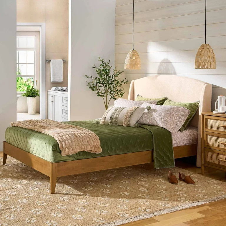Better Homes & Gardens Springwood Upholstered Queen Bed, Shearling and Light Honey Finish | Walmart (US)