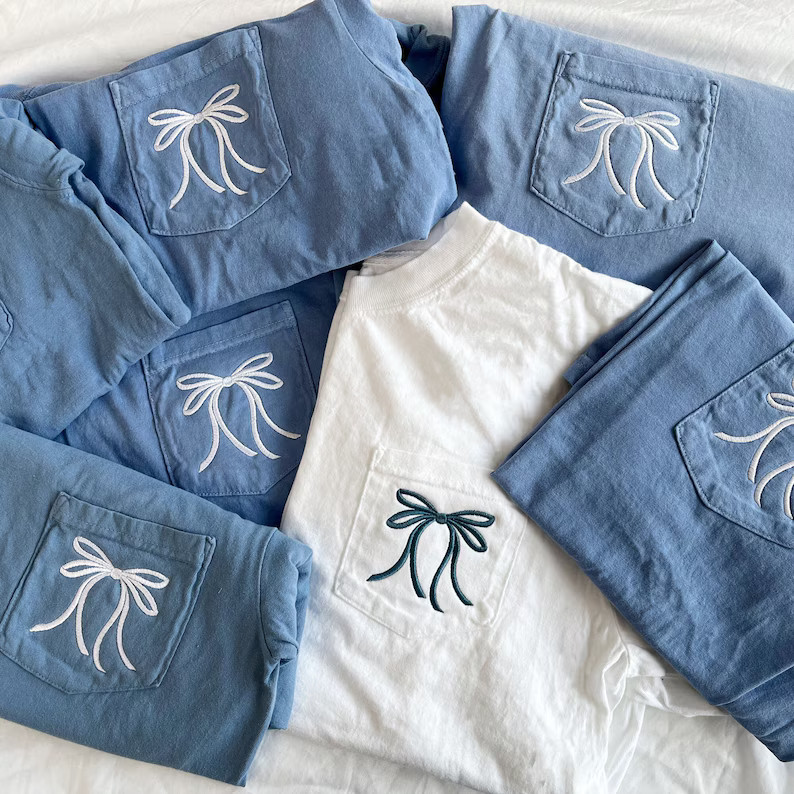 Bridal Party Ribbon Bow Embroidered Comfort Colors Pocket Tee Trendy Bow Gift for Bride Bridal Pa... | Etsy (US)