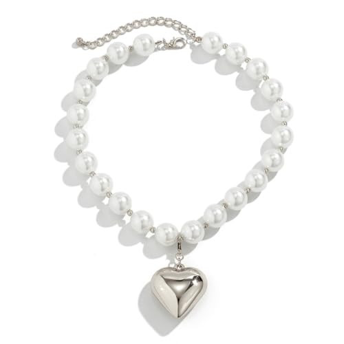 Heart Necklaces for Women Gold Chunky Heart Necklace Pearl Beads Choker Necklaces Y2k Necklace Trendy Jewelry Accessories Gifts (Pearl-Silver) | Amazon (US)