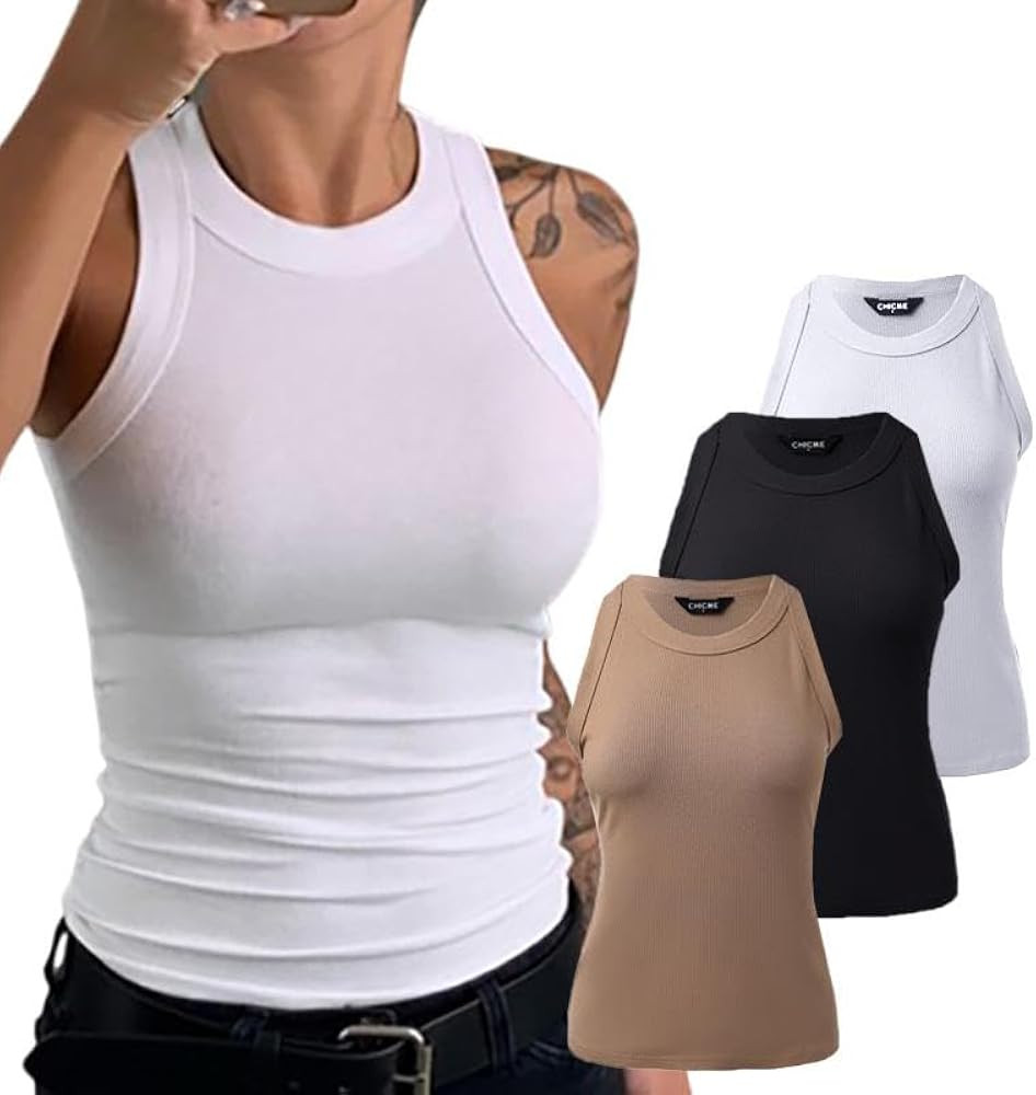CHICME 3 Piece Womens Tank Tops Sleeveless Basic Cami Shirt Slim Knit Ribbed Racerback Blouses | Amazon (US)