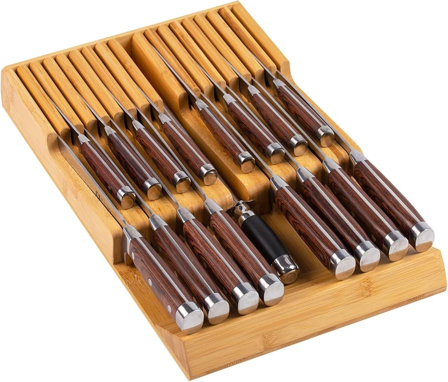 Midoriwood Bamboo Knife Drawer Organizer Insert, in drawer Knife Block with blade protection, Kitchen Knife holder for 16 knives, and sharpening steel (without knives) | Amazon (US)