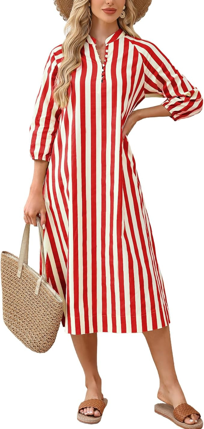 Women Summer Striped Button Down Long Maxi Dress Loose Fit 3/4 Sleeve Cotton Caftan Shirt Dress w... | Amazon (US)