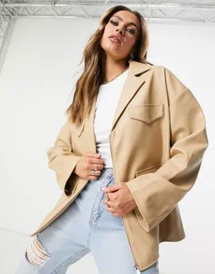 NA-KD faux leather patch pocket jacket in beige | ASOS (Global)