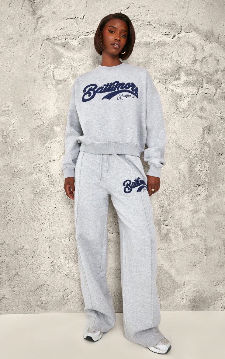 Tall Grey Marl Baltimore Borg Applique Detail Wide Leg Joggers | PrettyLittleThing UK